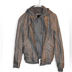 LA Coalition women's faux leather bomber moto jacket with a detachable hood